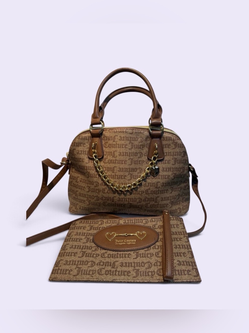 Juicy Couture Brown Logo Dome Satchel with Chain Charm & Pouch